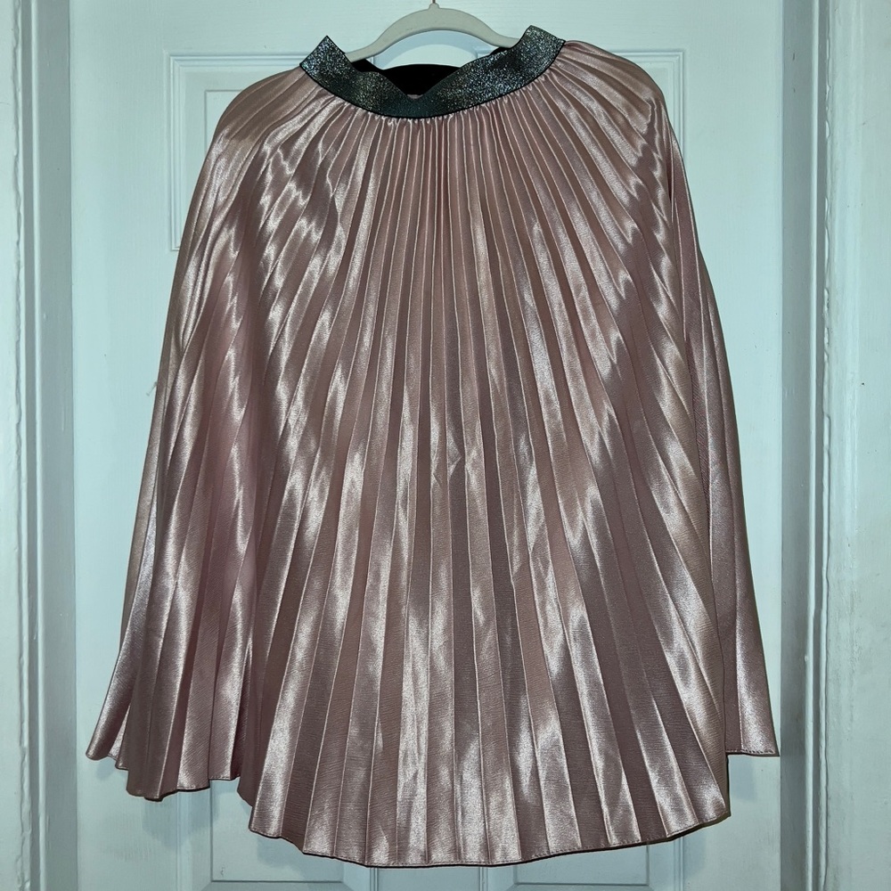 Blush Metallic Pleated Midi Skirt with Grey Shimmer Elastic Waistband